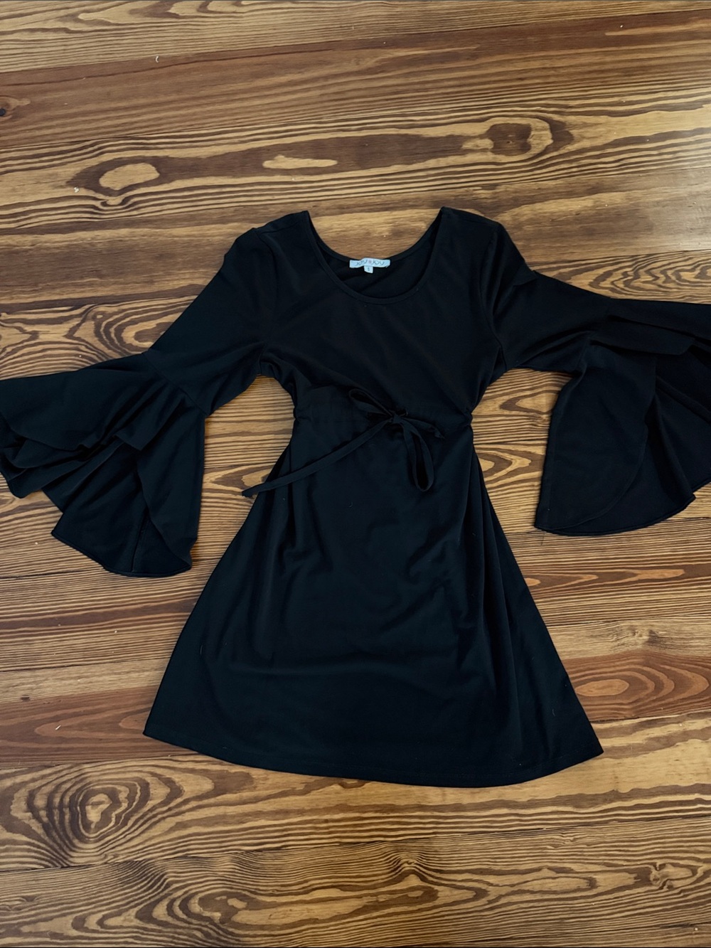 Joy Joy Black Bell-Sleeve Tie-Waist Dress